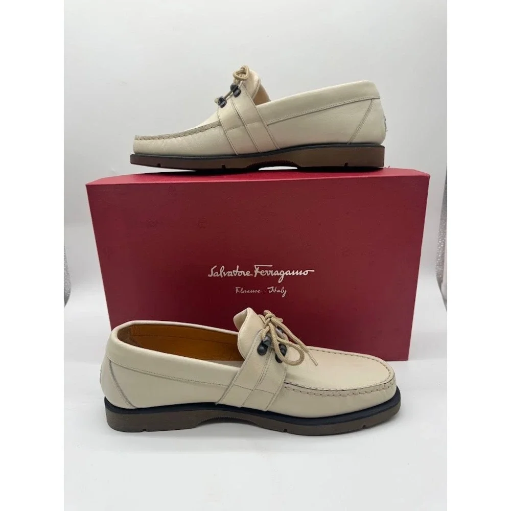 Salvatore Ferragamo Sport Mens Cream Leather Boat Shoes Loafers UR40900 Size 8 D